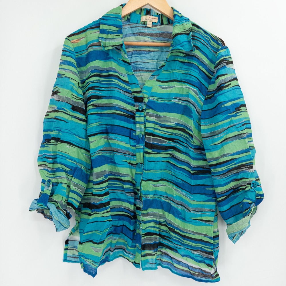 Choices Button Down Shirt‎ Womens XL Blue Green Sheer Abstract Arty Retro Fun